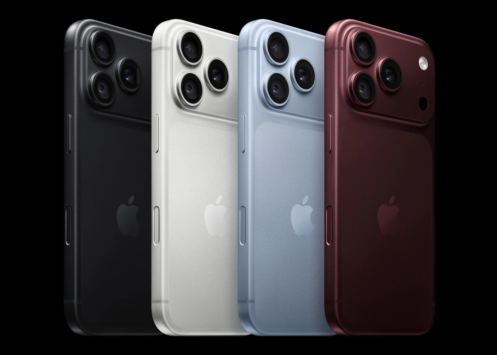 iPhone 18 Pro nos quatro acabamentos: preto, prateado, glacier e borgonha